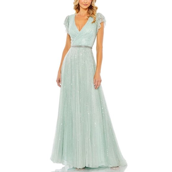 NWT Mac Duggal 5502 Green Sequined Wrap Over Ruffled Cap Sleeve Gown Green 8 - Picture 1 of 11